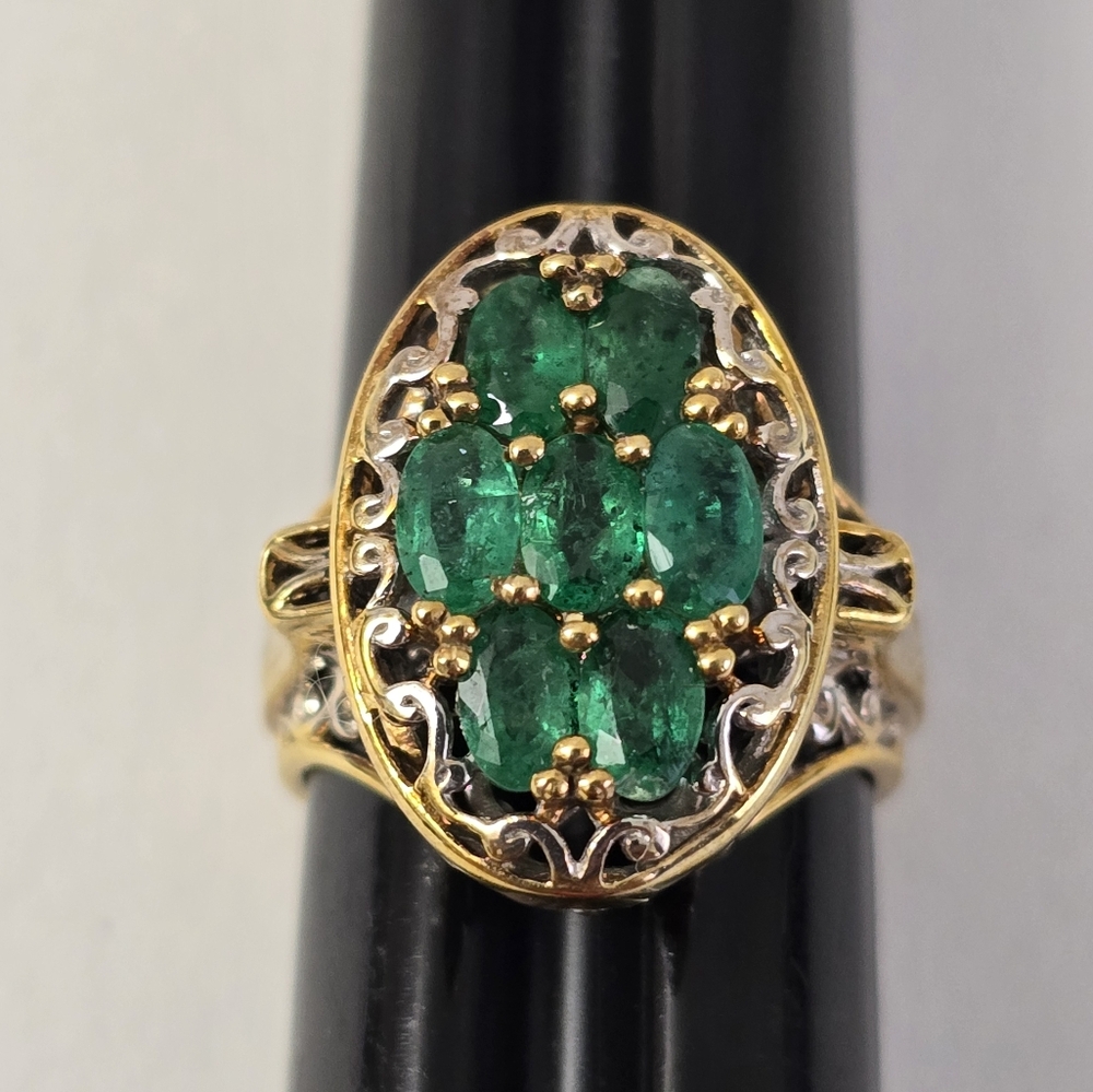Sterling Silver 925 Intricate Green and Gold Ring with Emerald Cluster